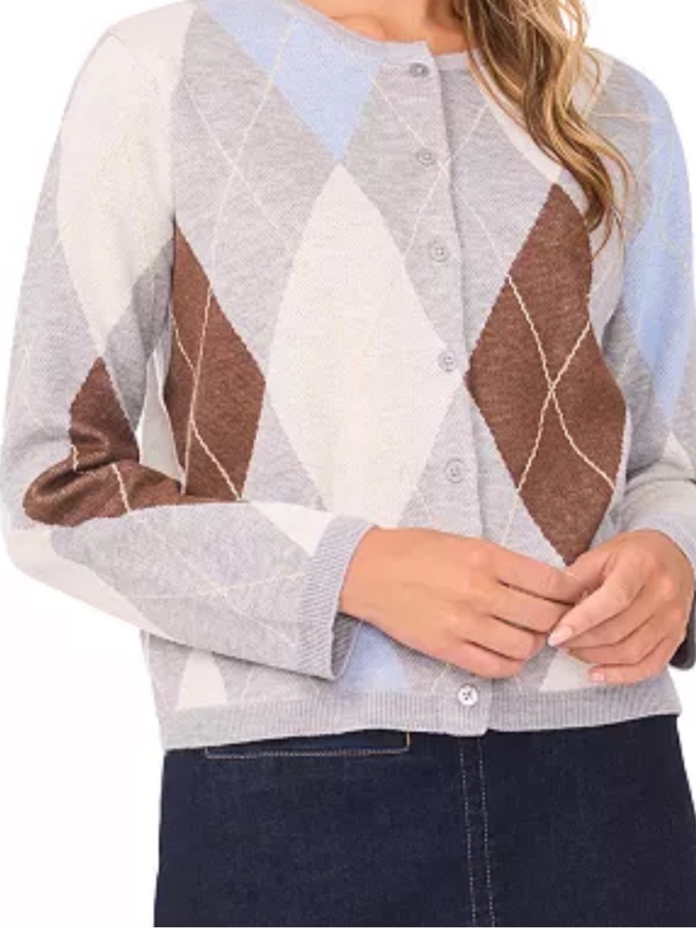 Cece Women's Argyle Cardigan crewneck Sweater size large MSRP $79